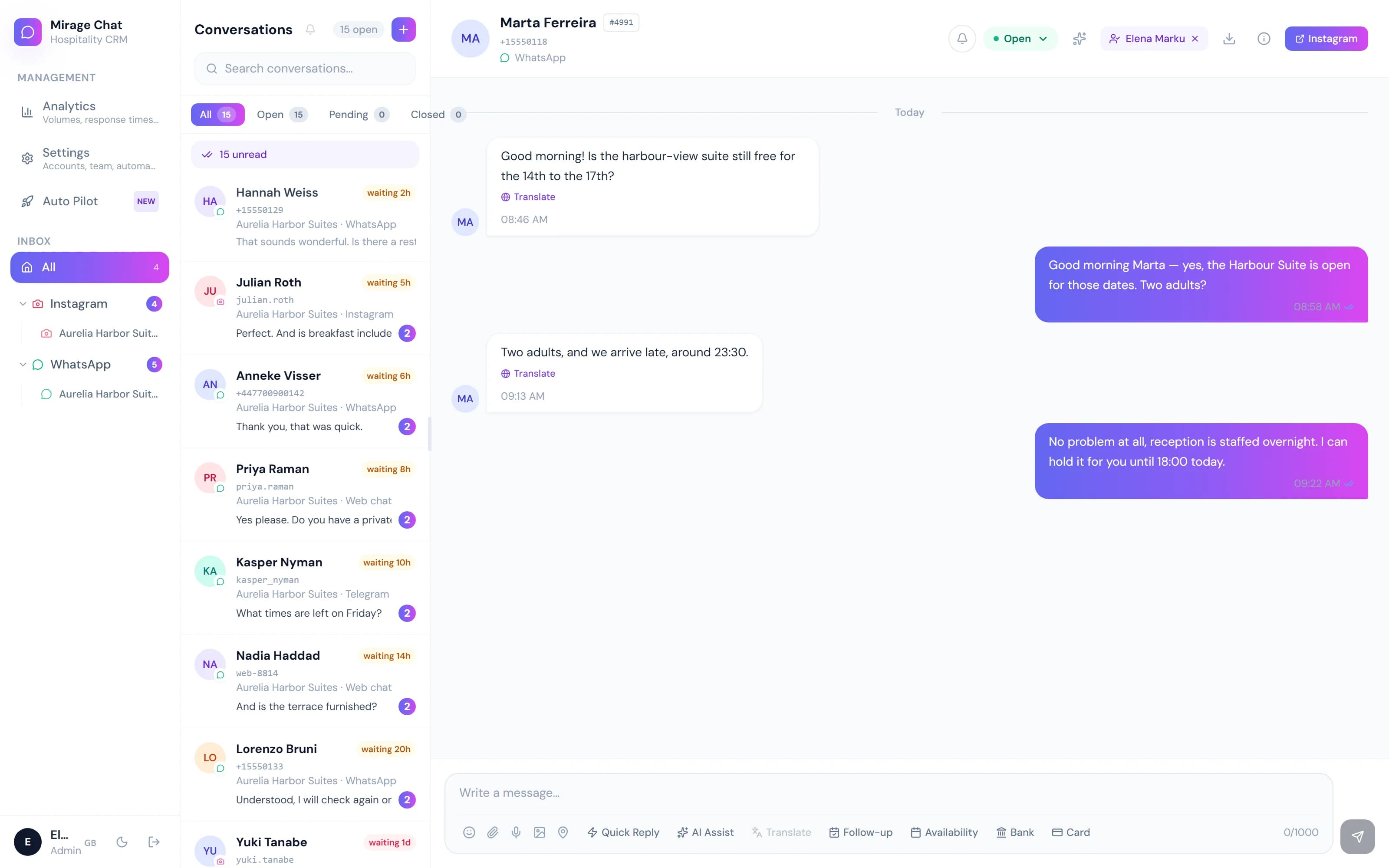 MirageChat unified inbox showing conversations from WhatsApp, Instagram, Telegram and web chat in one queue, with unread counts, waiting times, per-conversation assignment and an open thread.