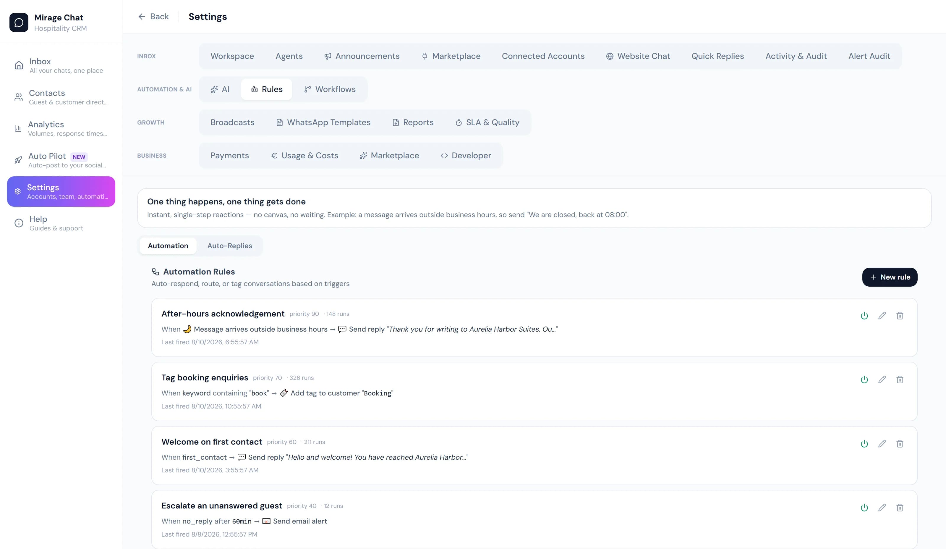 MirageChat automation rules listing four active rules, each with its trigger, resulting action, priority, run count and the time it last fired.