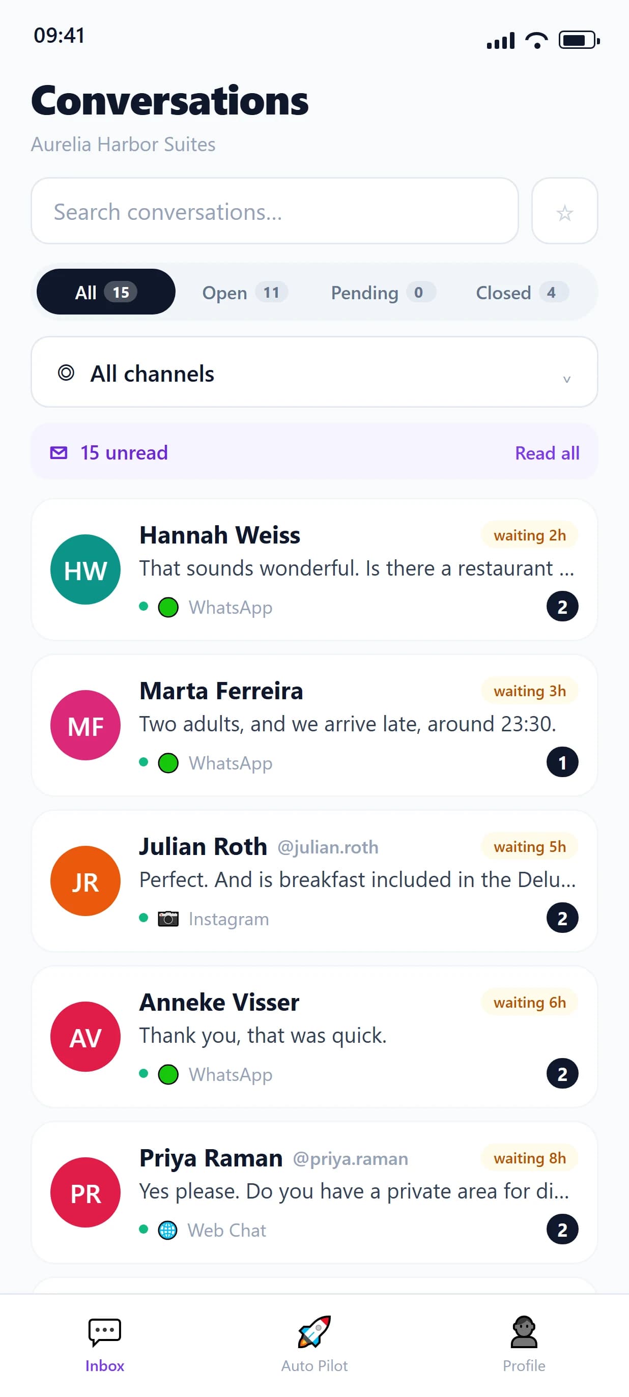 MirageChat mobile interface at Android phone size, showing the conversation list with status tabs, an unread count, and for each thread the channel, waiting time and last message.