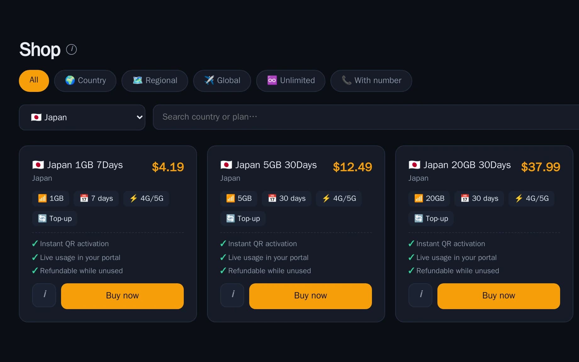 MirageTel connectivity catalogue filtered to one country, showing three data plans with their allowance, validity, network type and top-up support.