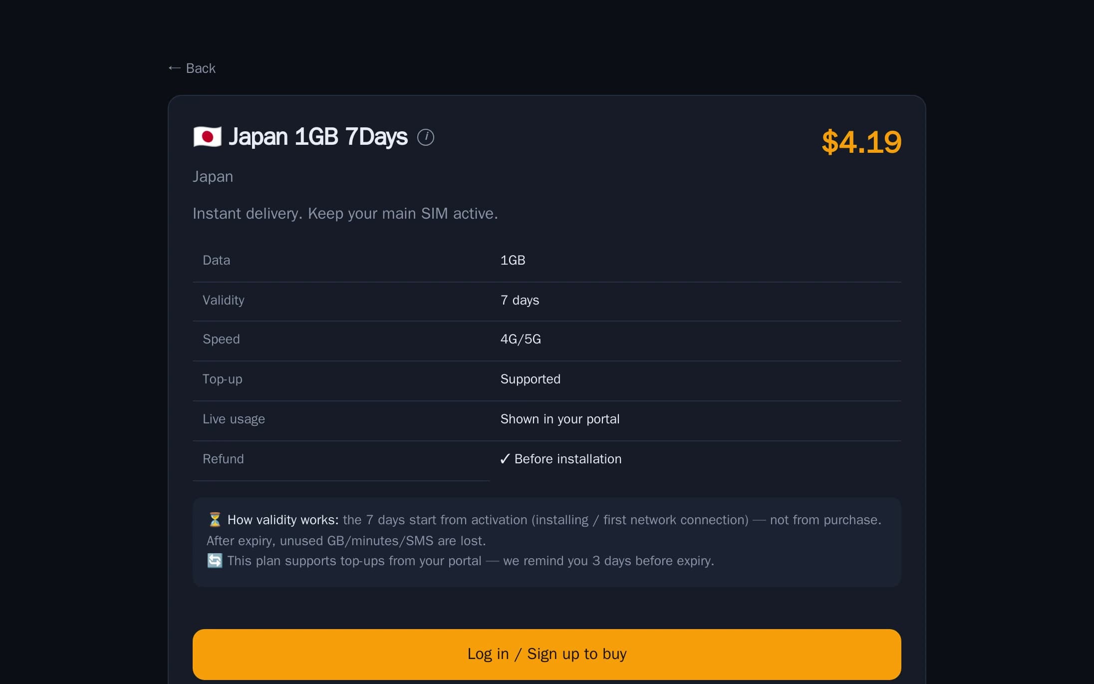 MirageTel plan detail view listing data allowance, validity, network speed, top-up support, live usage and refund conditions, with the purchase action beneath.