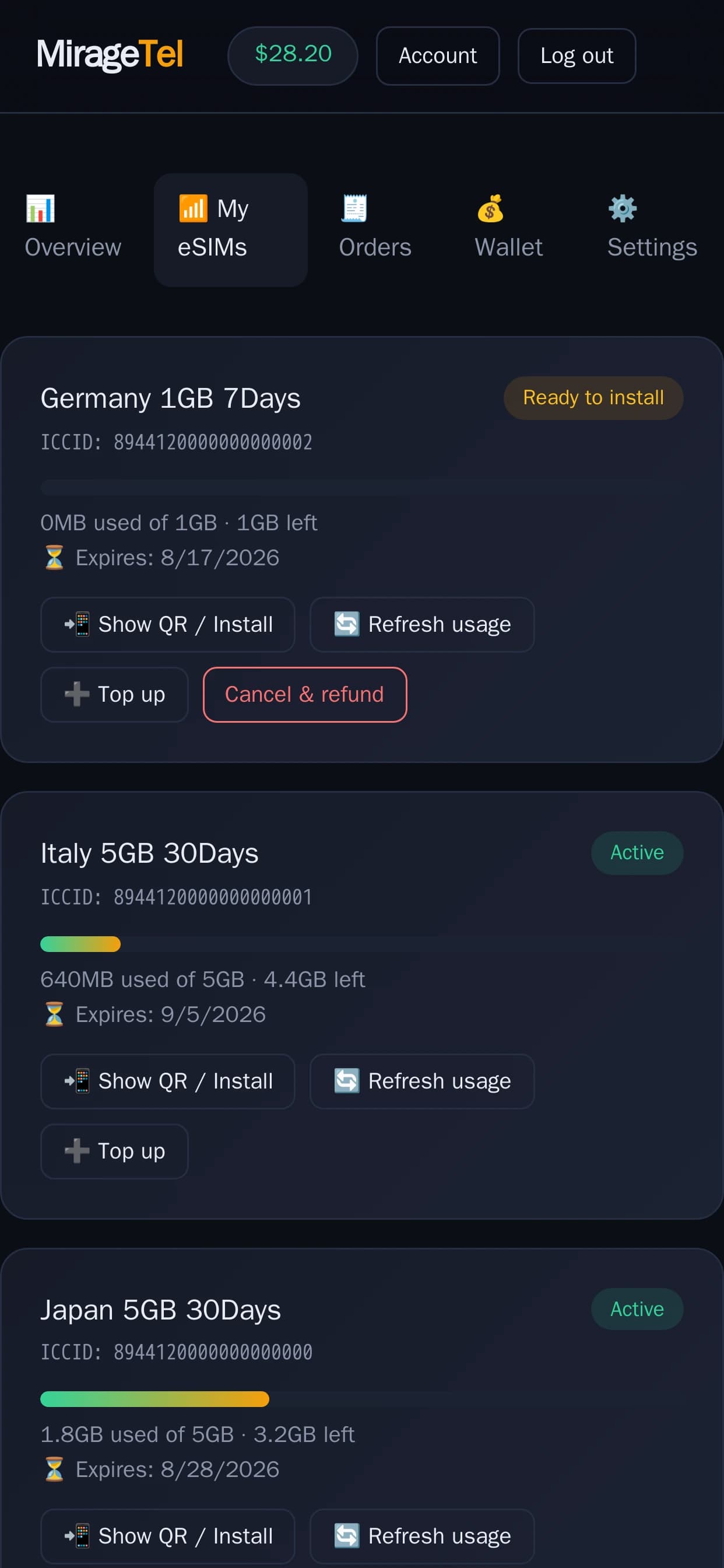 MirageTel customer portal on a phone, showing the same eSIM list with usage bars, expiry dates and install actions.