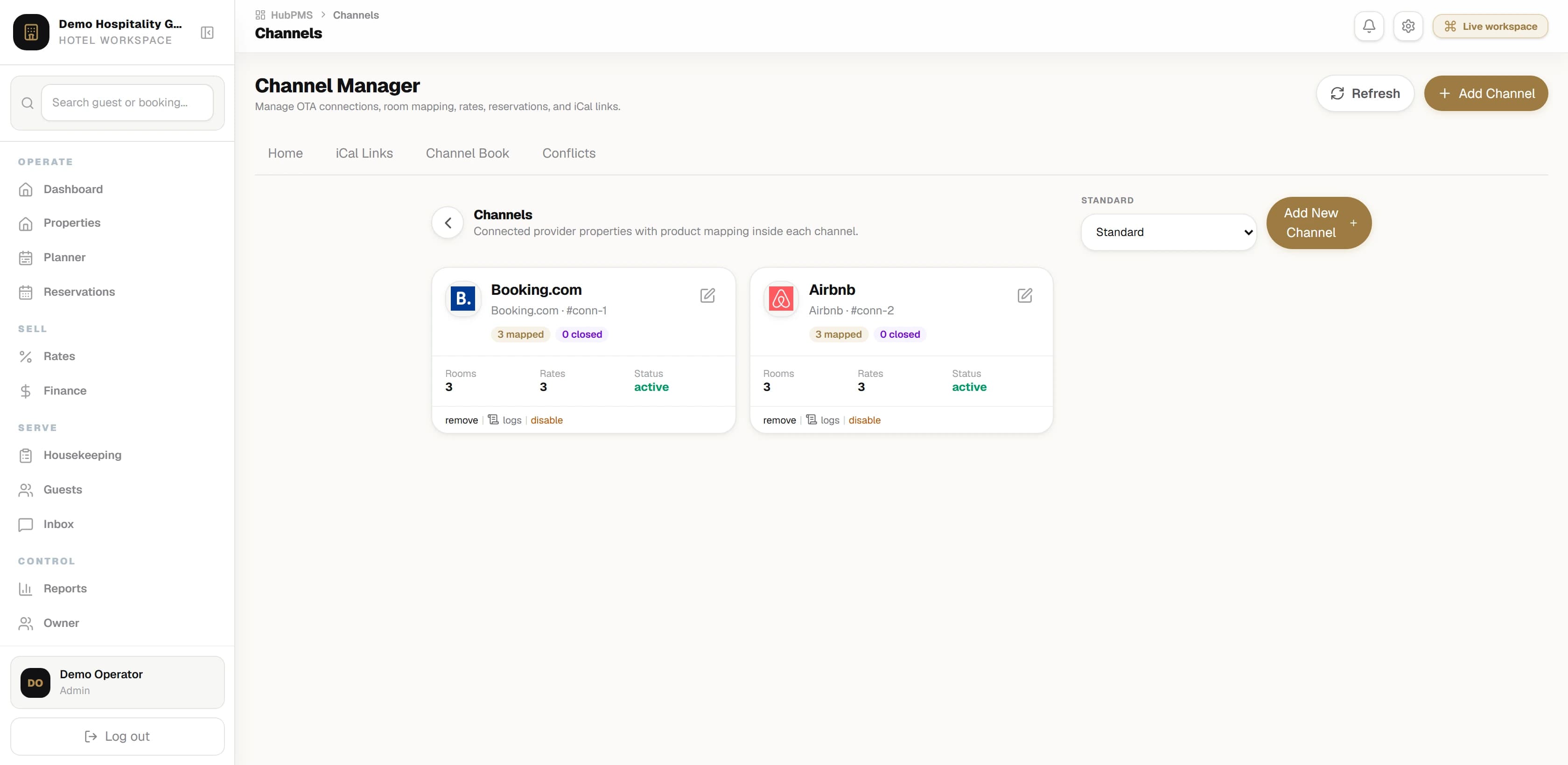 HubPMS Channel Manager showing two connected channels, Booking.com and Airbnb, each with three mapped rooms, three mapped rates and an active connection status.