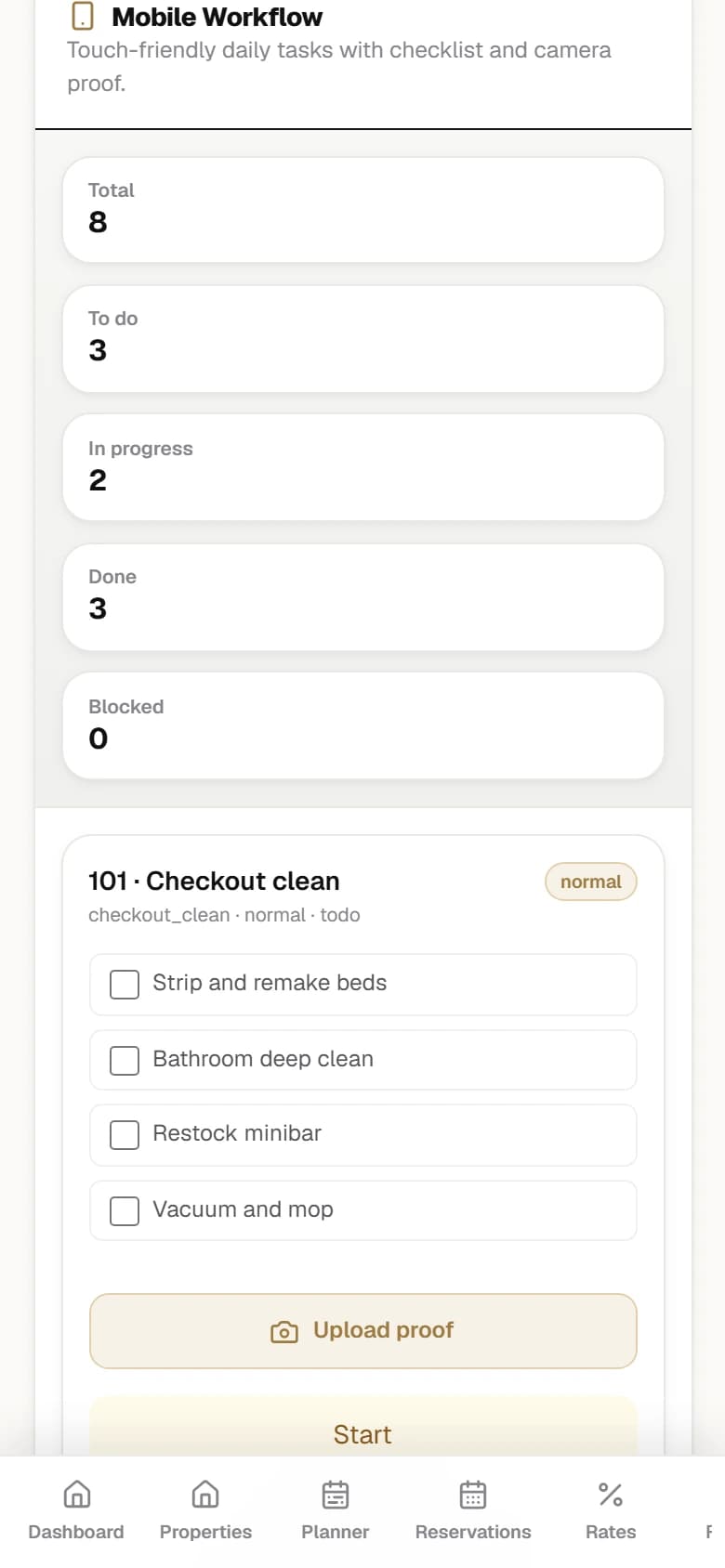 HubPMS responsive Mobile Workflow on a phone, showing housekeeping task counters and a checkout-clean task with its checklist, photo-proof action and status controls.